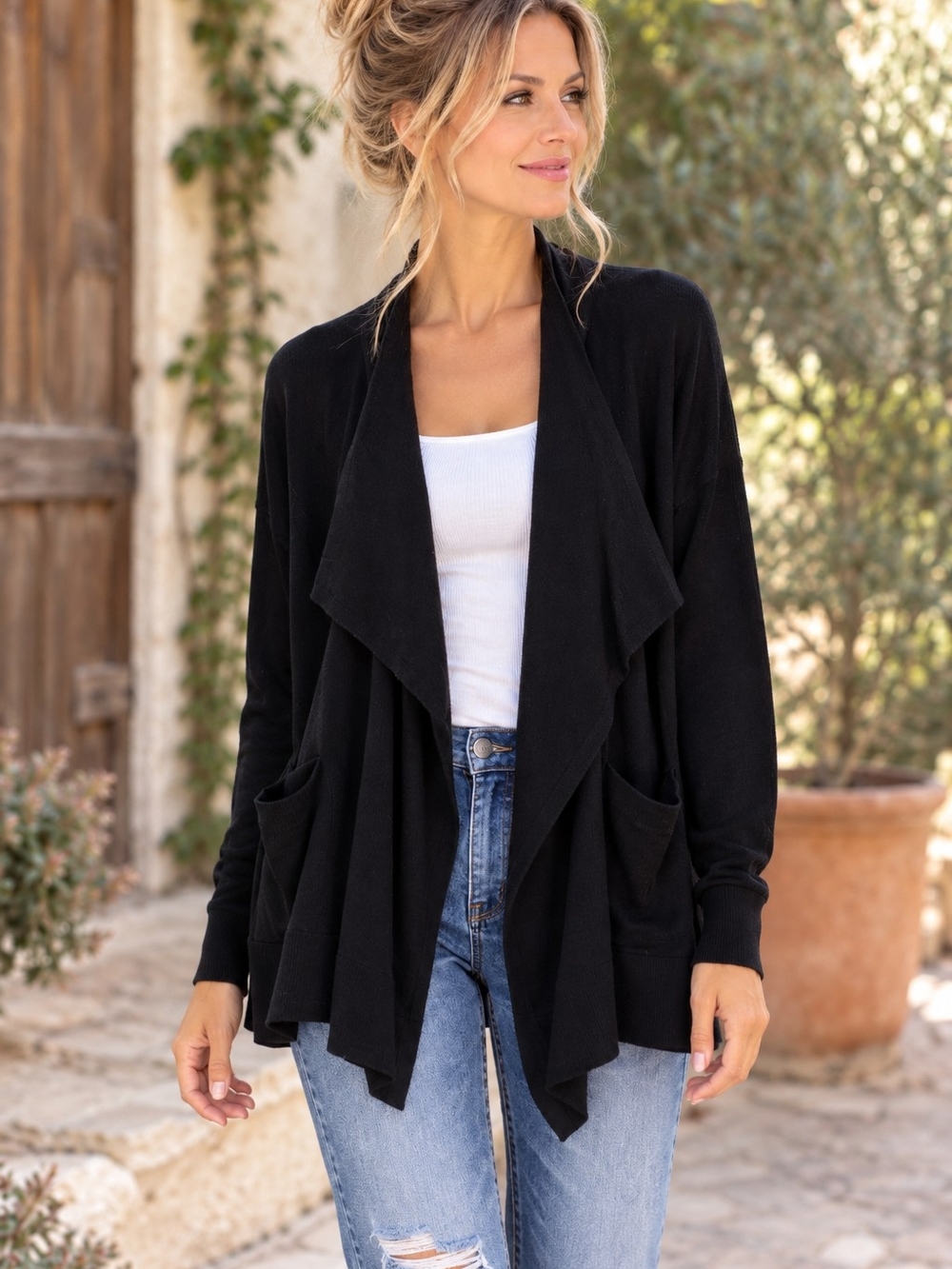 Armani Exchange Medium Black 100% Merino Wool Draped Open Front Cardigan
